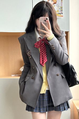 Women's Waist-Defined Pudding Bear JK Uniform Set Jacket - Small Size, Trendy 2025 Style, Perfect for Y2K and Korean Fashion