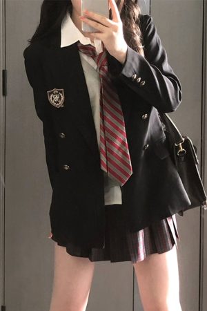 Women's Waist-Defined Pudding Bear JK Uniform Set Jacket - Small Size, Trendy 2025 Style, Perfect for Y2K and Korean Fashion