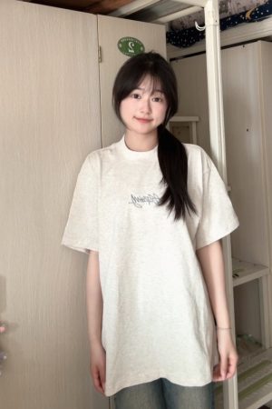 Womenâ€™s White Gray Embroidered Letter Short Sleeve T-Shirt - Trendy Summer 2025 Casual Style with Unique Shoulder Design