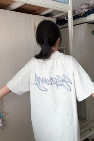 Womenâ€™s White Gray Embroidered Letter Short Sleeve T-Shirt - Trendy Summer 2025 Casual Style with Unique Shoulder Design