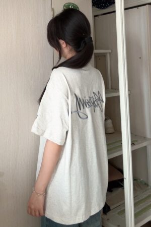 Womenâ€™s White Gray Embroidered Letter Short Sleeve T-Shirt - Trendy Summer 2025 Casual Style with Unique Shoulder Design