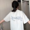 Womenâ€™s White Gray Embroidered Letter Short Sleeve T-Shirt - Trendy Summer 2025 Casual Style with Unique Shoulder Design