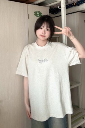 Womenâ€™s White Gray Embroidered Letter Short Sleeve T-Shirt - Trendy Summer 2025 Casual Style with Unique Shoulder Design