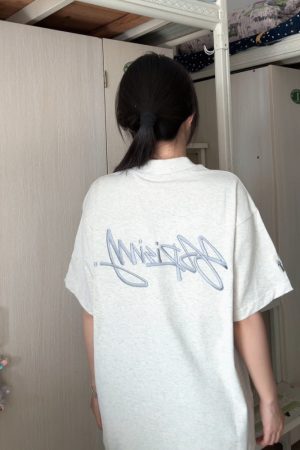 Womenâ€™s White Gray Embroidered Letter Short Sleeve T-Shirt - Trendy Summer 2025 Casual Style with Unique Shoulder Design