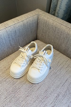 Women's White Lace-Up Genuine Leather Sneakers - 2025 Spring Thick-Soled Casual Biscuit Shoes, Comfortable Y2K Style