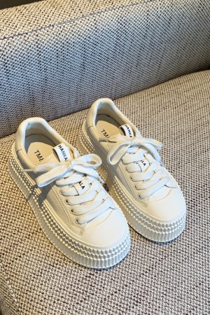 Women's White Lace-Up Genuine Leather Sneakers - 2025 Spring Thick-Soled Casual Biscuit Shoes, Comfortable Y2K Style