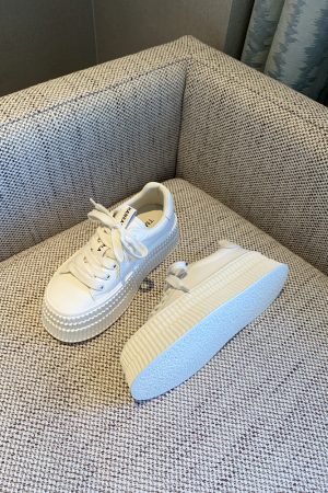 Women's White Lace-Up Genuine Leather Sneakers - 2025 Spring Thick-Soled Casual Biscuit Shoes, Comfortable Y2K Style
