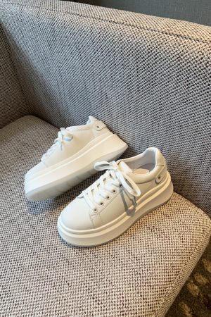 Women's White Lace-Up Platform Sneakers - 2025 New Style Thick-Soled Genuine Leather Casual Sports Shoes