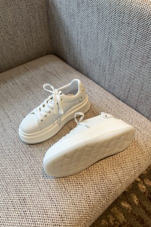 Women's White Lace-Up Platform Sneakers - 2025 New Style Thick-Soled Genuine Leather Casual Sports Shoes