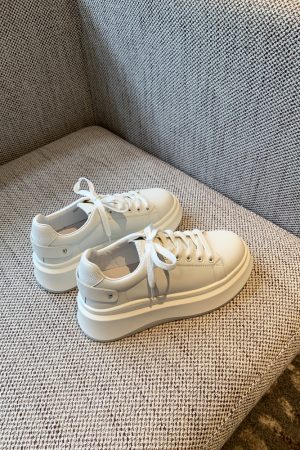 Women's White Lace-Up Platform Sneakers - 2025 New Style Thick-Soled Genuine Leather Casual Sports Shoes