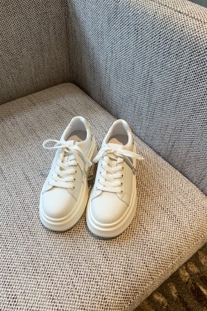 Women's White Lace-Up Platform Sneakers - 2025 New Style Thick-Soled Genuine Leather Casual Sports Shoes