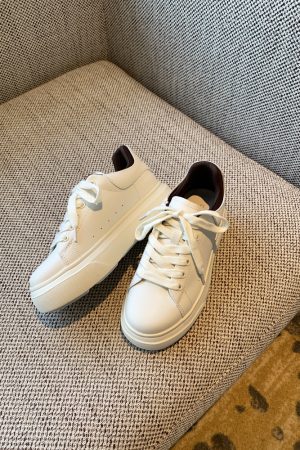 Women's White Lace-Up Sneakers - Comfortable Thick-Soled Genuine Leather Casual Footwear for Spring 2025 - Versatile Student Style