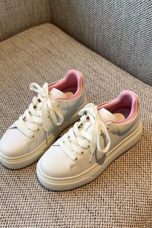 Women's White Lace-Up Sneakers - Comfortable Thick-Soled Genuine Leather Casual Footwear for Spring 2025 - Versatile Student Style