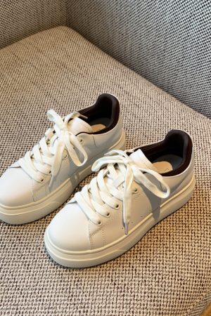 Women's White Lace-Up Sneakers - Comfortable Thick-Soled Genuine Leather Casual Footwear for Spring 2025 - Versatile Student Style