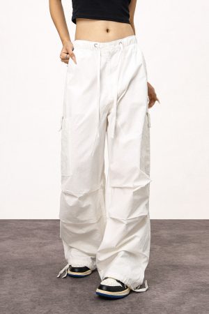 Women's White Loose Casual Paratrooper Pants - Unisex Wide-Leg Straight Trousers - Y2K Inspired Fashion
