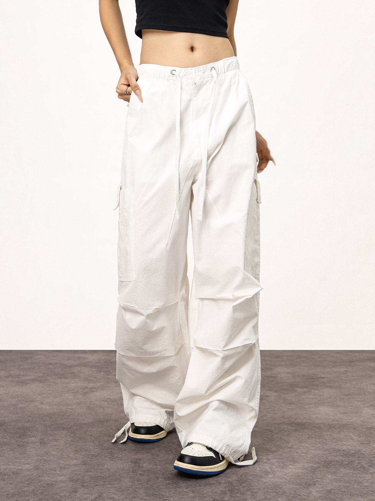 Women's White Loose Casual Paratrooper Pants - Unisex Wide-Leg Straight Trousers - Y2K Inspired Fashion Women's White Loose Casual Paratrooper Pants - Unisex Wide-Leg Straight Trousers - Y2K Inspired Fashion