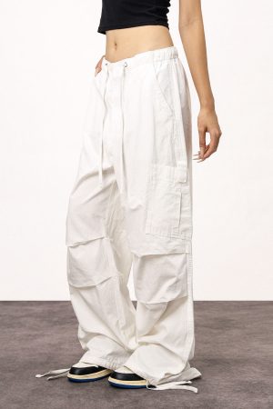 Women's White Loose Casual Paratrooper Pants - Unisex Wide-Leg Straight Trousers - Y2K Inspired Fashion