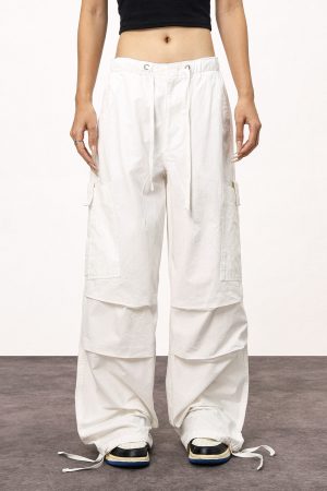 Women's White Loose Casual Paratrooper Pants - Unisex Wide-Leg Straight Trousers - Y2K Inspired Fashion
