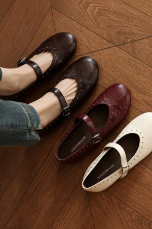 Women's White Mary Jane Shoes with Rivets, Soft Bottom Summer Flats, Hidden Height, Large Size 41-42, Stylish Comfort