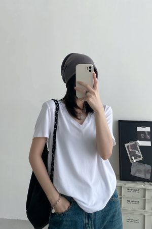 Women's White V-Neck Short Sleeve T-Shirt, Loose Fit Drop Shoulder, Spring Summer Basic Top, Versatile Layering Piece
