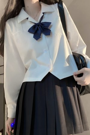 Women's Wrinkle-Resistant JK Shirt Set - Long Sleeve & Short Sleeve Basic Uniform, College Style Spring & Autumn White Top