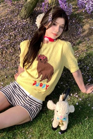 Women's Y2K Cropped Yellow Knitted Top with Dog Embroidery - Short Sleeve Round Neck Fun Summer Style