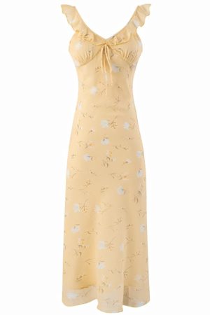 Women's Yellow Floral Long Dress - French Style, Spaghetti Strap, Waist-Cinching, Slim-Fit, Elegant Vacation Outfit