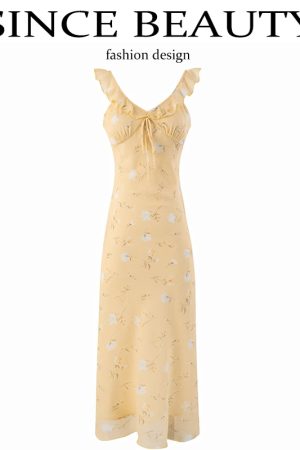 Women's Yellow Floral Long Dress - French Style, Spaghetti Strap, Waist-Cinching, Slim-Fit, Elegant Vacation Outfit