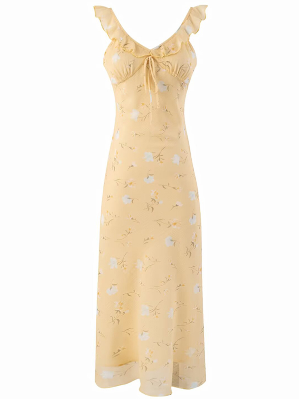 Women's Yellow Floral Long Dress - French Style, Spaghetti Strap, Waist-Cinching, Slim-Fit, Elegant Vacation Outfit Women's Yellow Floral Long Dress - French Style, Spaghetti Strap, Waist-Cinching, Slim-Fit, Elegant Vacation Outfit