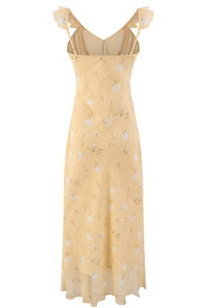 Women's Yellow Floral Long Dress - French Style, Spaghetti Strap, Waist-Cinching, Slim-Fit, Elegant Vacation Outfit