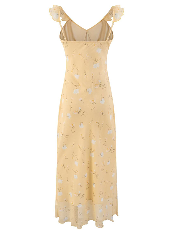 Women's Yellow Floral Long Dress - French Style, Spaghetti Strap, Waist-Cinching, Slim-Fit, Elegant Vacation Outfit Women's Yellow Floral Long Dress - French Style, Spaghetti Strap, Waist-Cinching, Slim-Fit, Elegant Vacation Outfit