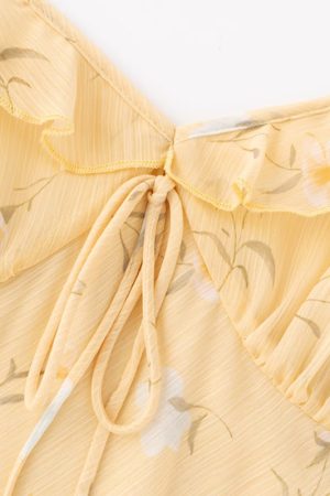 Women's Yellow Floral Long Dress - French Style, Spaghetti Strap, Waist-Cinching, Slim-Fit, Elegant Vacation Outfit