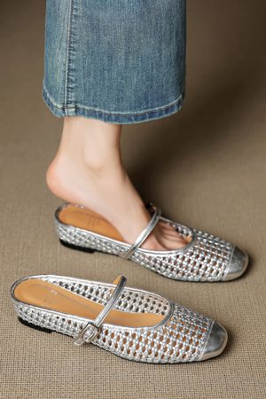 Woven Hollow Out Square Toe Genuine Leather Slippers for Women - 2025 Outdoor Style, Height Increasing Closed Toe Half Slippers