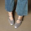Woven Hollow Out Square Toe Genuine Leather Slippers for Women - 2025 Outdoor Style, Height Increasing Closed Toe Half Slippers