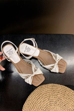 Woven Sheepskin Sandals for Women - Vintage Open-Toe Roman Shoes with Chunky Heel, One-Strap High Heels for Summer Outdoor Style
