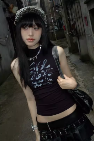 Y2K American-Style Half-High Collar Sleeveless T-Shirt Vest for Women - Trendy Slim-Fit Summer Top