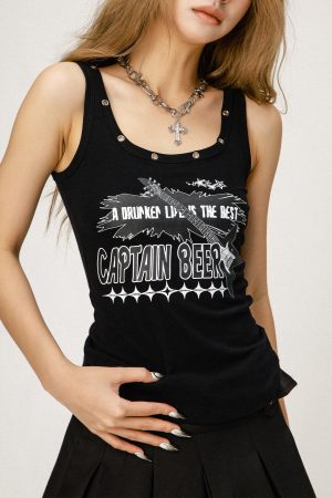 Y2K American Style Slim Fit Tank Top for Women - Beer Team Captain Graphic Summer Fashion 2025