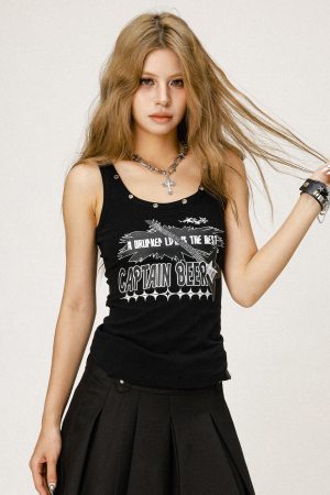 Y2K American Style Slim Fit Tank Top for Women - Beer Team Captain Graphic Summer Fashion 2025