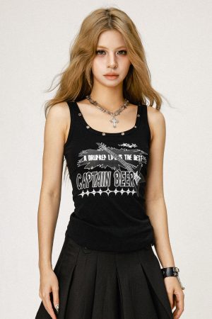 Y2K American Style Slim Fit Tank Top for Women - Beer Team Captain Graphic Summer Fashion 2025