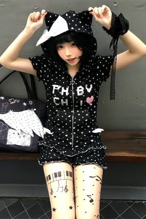 Y2K Bubble Sleeve Hooded T-Shirt and Shorts Set for Women - Trendy Summer Subculture Look