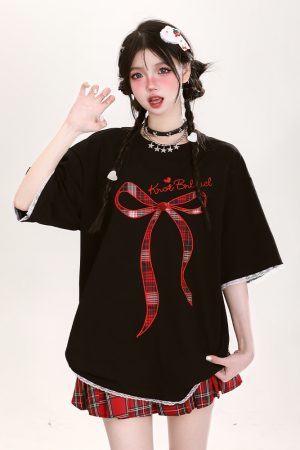 Y2K Butterfly Knot Embroidered Short Sleeve T-Shirt for Women - Summer Loose Fit Sweet Style Top