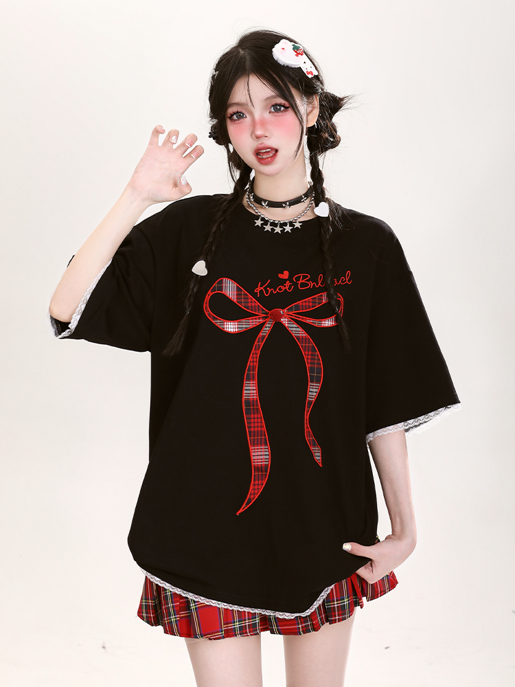 Y2K Butterfly Knot Embroidered Short Sleeve T-Shirt for Women - Summer Loose Fit Sweet Style Top Y2K Butterfly Knot Embroidered Short Sleeve T-Shirt for Women - Summer Loose Fit Sweet Style Top