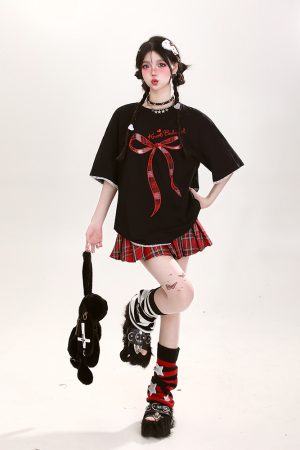 Y2K Butterfly Knot Embroidered Short Sleeve T-Shirt for Women - Summer Loose Fit Sweet Style Top