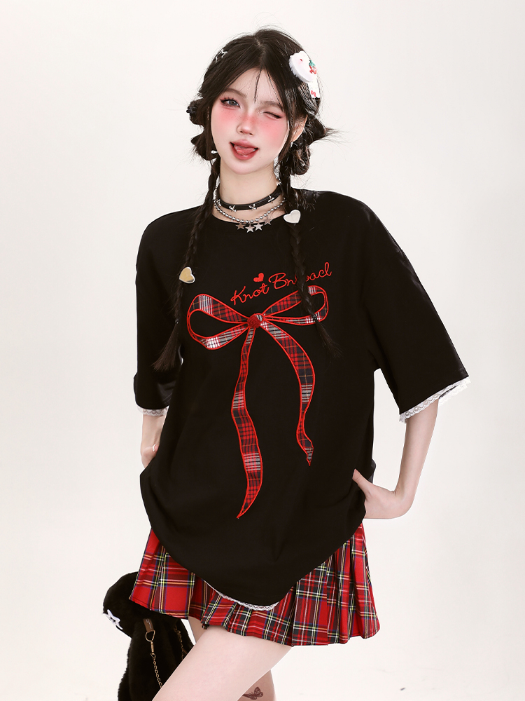 Y2K Butterfly Knot Embroidered Short Sleeve T-Shirt for Women - Summer Loose Fit Sweet Style Top Y2K Butterfly Knot Embroidered Short Sleeve T-Shirt for Women - Summer Loose Fit Sweet Style Top