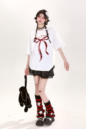 Y2K Butterfly Knot Embroidered Short Sleeve T-Shirt for Women - Summer Loose Fit Sweet Style Top