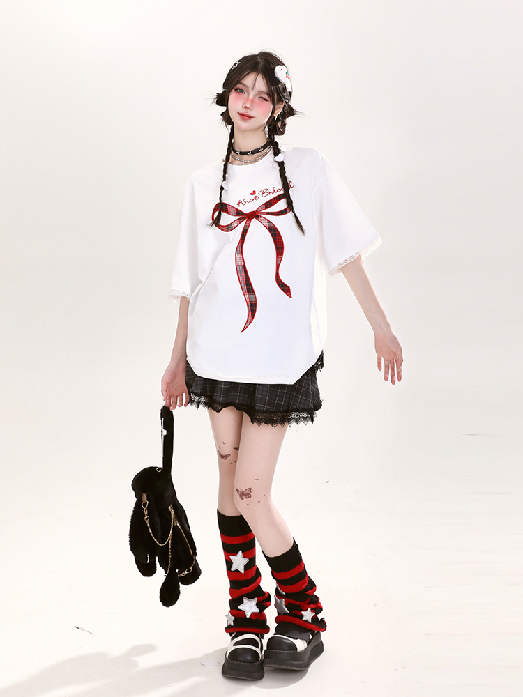 Y2K Butterfly Knot Embroidered Short Sleeve T-Shirt for Women - Summer Loose Fit Sweet Style Top Y2K Butterfly Knot Embroidered Short Sleeve T-Shirt for Women - Summer Loose Fit Sweet Style Top