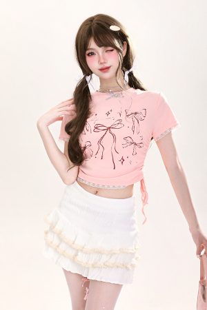 Y2K Butterfly Print Off-Shoulder Short Sleeve T-Shirt for Girls - Summer Fitted Top in Sweet and Spicy Style