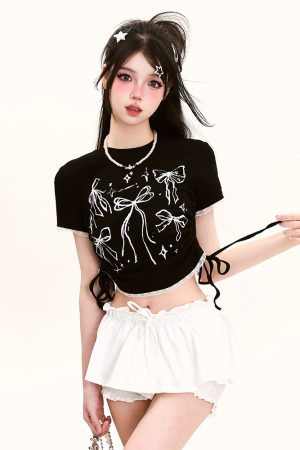 Y2K Butterfly Print Off-Shoulder Short Sleeve T-Shirt for Girls - Summer Fitted Top in Sweet and Spicy Style