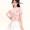 Y2K Butterfly Print Off-Shoulder Short Sleeve T-Shirt for Girls - Summer Fitted Top in Sweet and Spicy Style