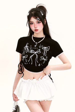 Y2K Butterfly Print Off-Shoulder Short Sleeve T-Shirt for Girls - Summer Fitted Top in Sweet and Spicy Style